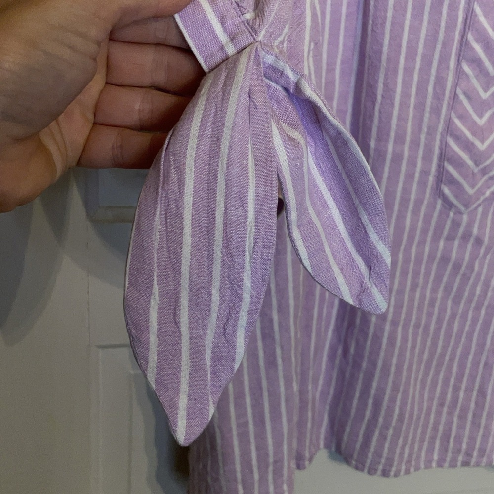 Casual Loose Fitting Lavender Stripe Summer Shirt Beach Linen Blend - Picture 2 of 4